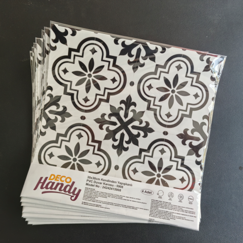 DecoHandy Pvc Duvar Karosu 30x30cm 4'lü Paket - Siyah Beyaz Çini Desen 0,36m2