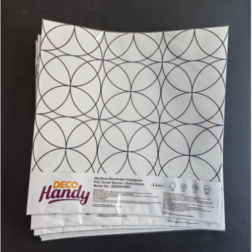 DecoHandy Pvc Duvar Karosu 30x30cm 4'lü Paket - Siyah Daire Geometrik Desen 0,36m2