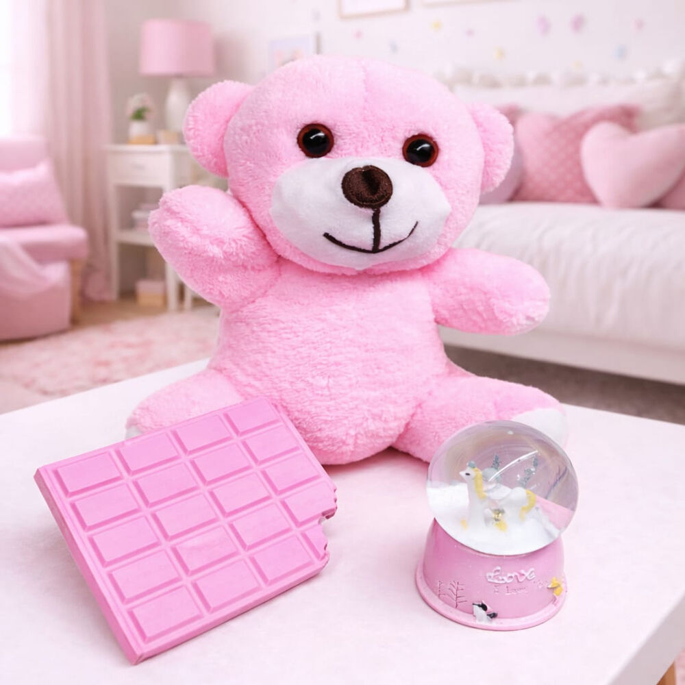 Pembe Peluş Ayıcık, Kar Küresi Ve Pembe Çikolata Not Defteri Hediye Seti