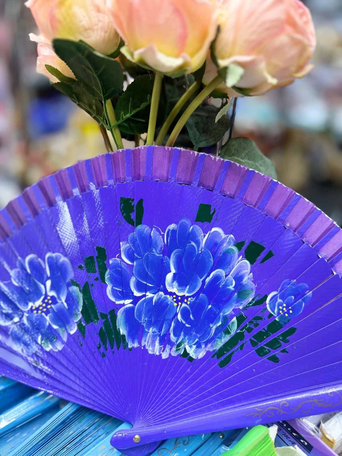 Yelpaze Bambu Çift Taraflı Çiçekli El Boyama Mor