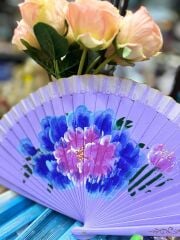 Yelpaze Bambu Çift Taraflı Çiçekli El Boyama Lila