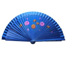 Yelpaze Bambu Çift Taraflı Çiçekli El Boyama Lacivert