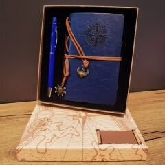 Lacivert Pusula Tasarım Deri Defter Ve Tükenmez Kalem Seti