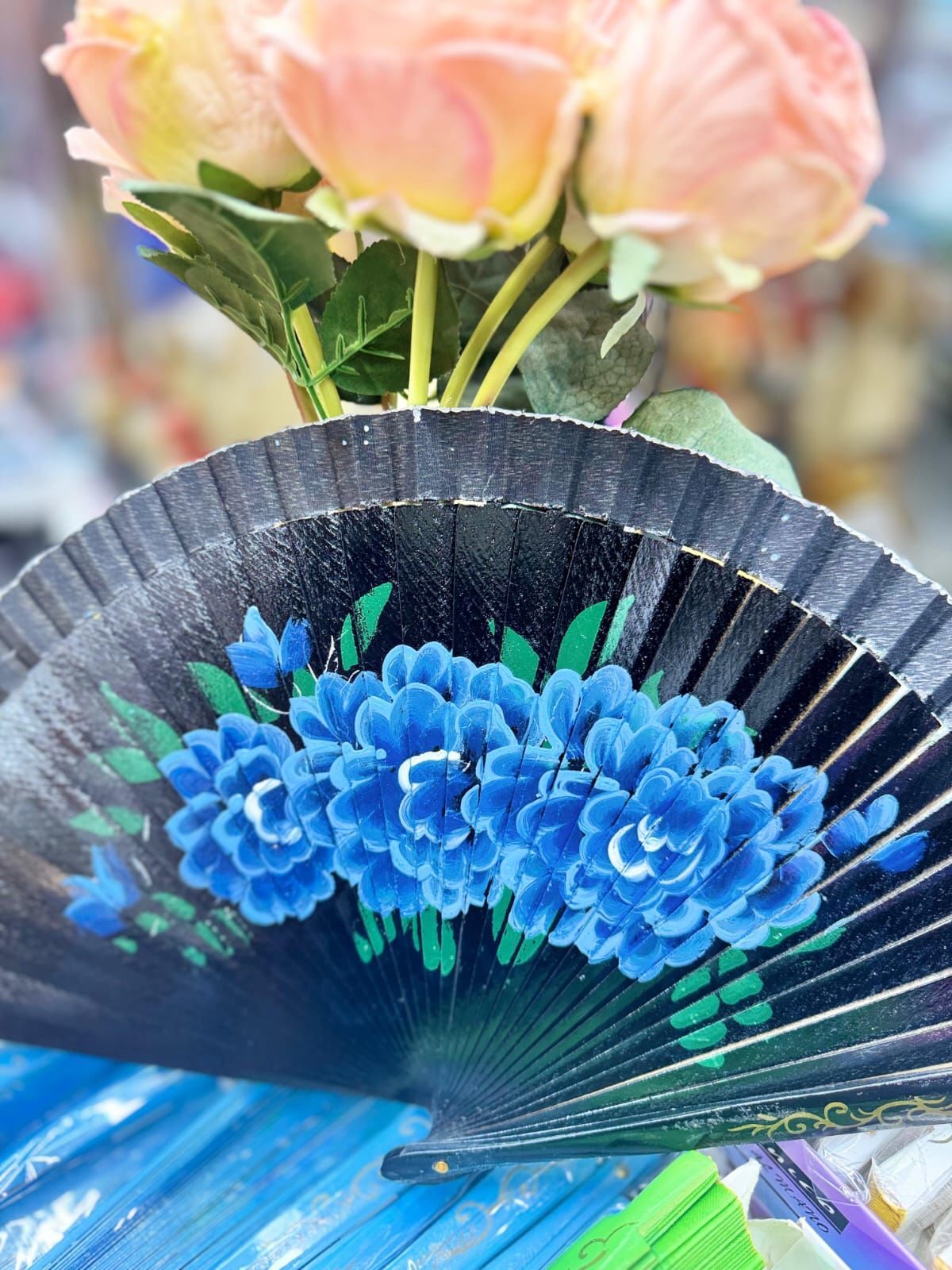 Yelpaze Bambu Çift Taraflı Çiçekli El Boyama Siyah