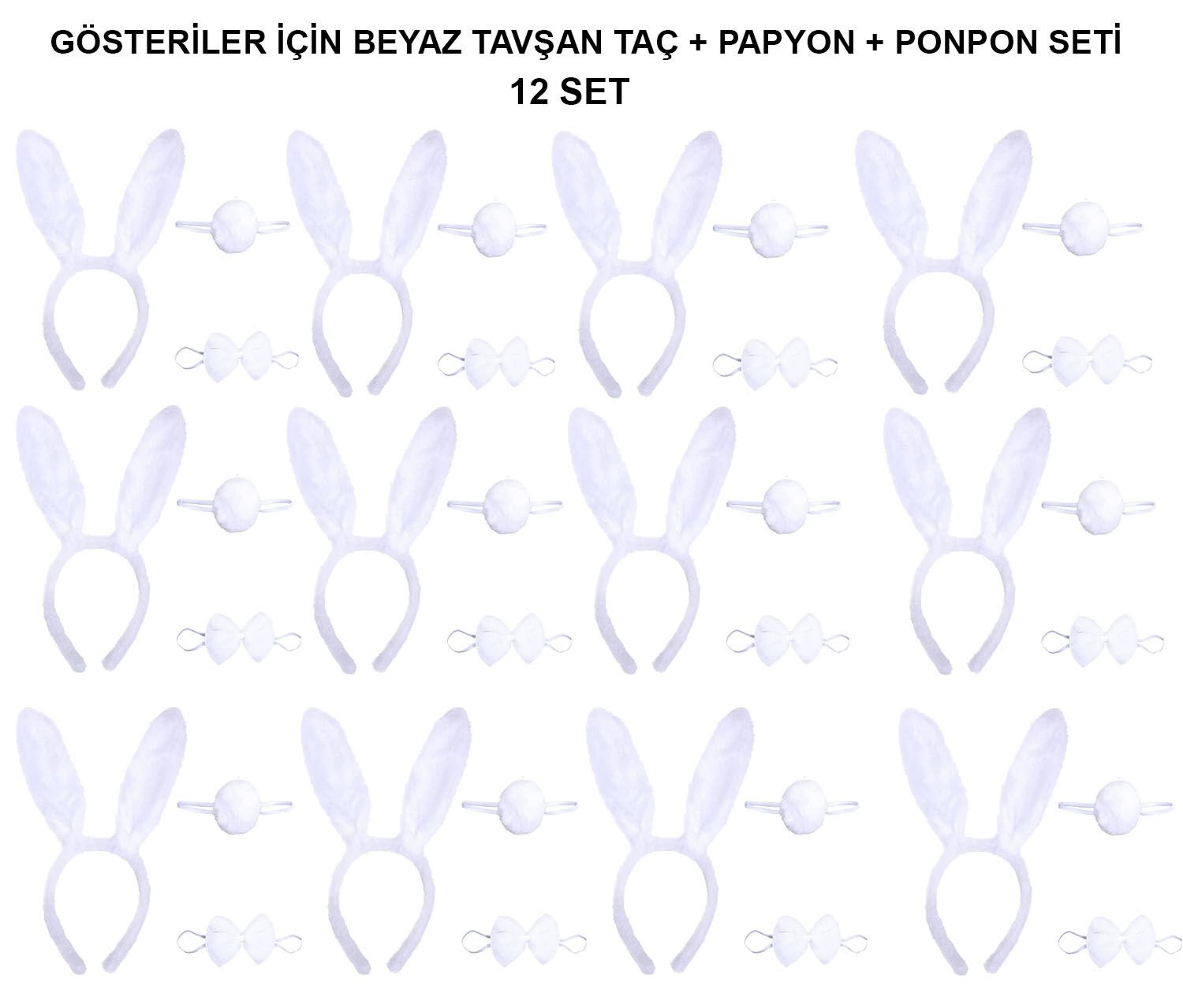 Beyaz Tavşan Kostüm Seti – Taç, Papyon, Kuyruk (12’li Paket)