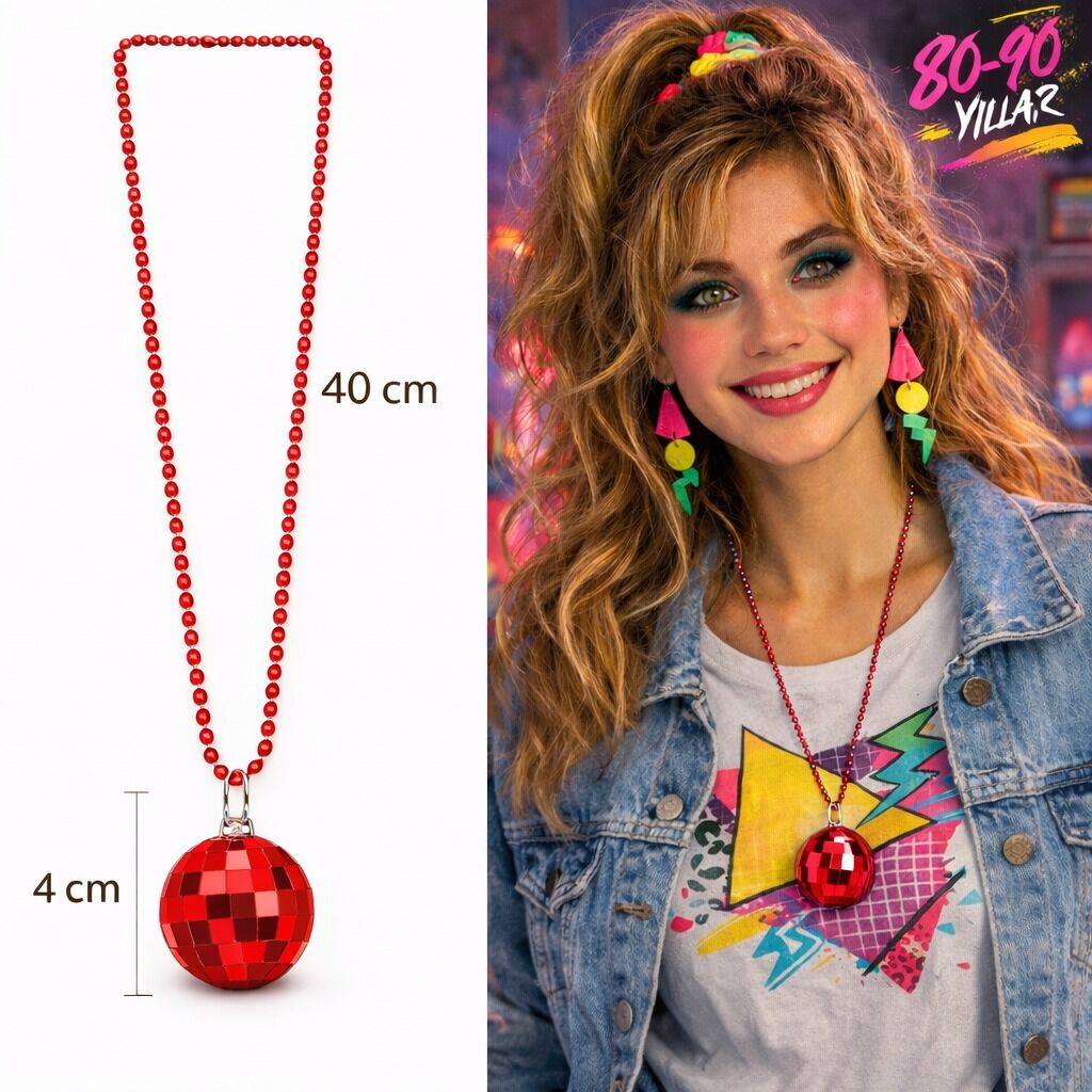 Retro Disko Topu Şekilli 80'ler 90'lar Kırmızı Renk Plastik Kolye