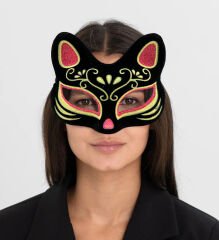 Siyah Süet Kırmızı Sarı Simli Kedi Maskesi