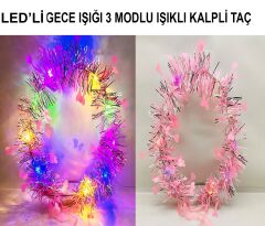 Kalp Püsküllü 3 Modlu LED Işıklı Taç Pembe Renk