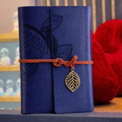 Lacivert Deri Yaprak Desenli Defter