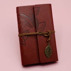 Kahverengi Siyah Yapraklı Deri Defter Ve Beyaz Jel Kalem Set