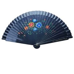 Yelpaze Bambu Çift Taraflı Çiçekli El Boyama Siyah