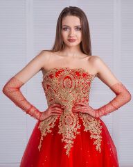 Uzun Boy Kırmızı Puantiyeli Kırmızı Renk Yetişkin Tül Eldiven