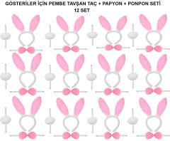 Pembe Tavşan Kostüm Seti – Taç, Papyon, Ponpon (12’li Paket)