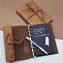 Siyah Yapraklı Deri Defter Ve Kalem Seti