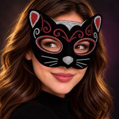 Kadife Dokulu Sim Detaylı Işıltılı Kedi Maskesi Kırmızı Gümüş 20x13 cm
