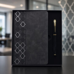 Desenli Siyah Deri Defter Kalem Set