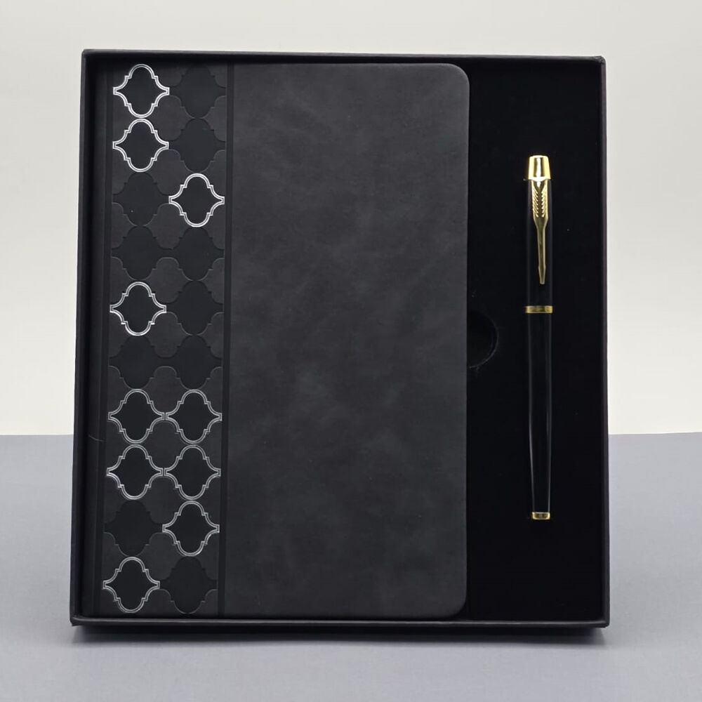 Desenli Siyah Deri Defter Kalem Set
