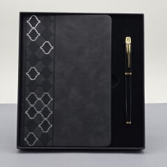 Desenli Siyah Deri Defter Kalem Set