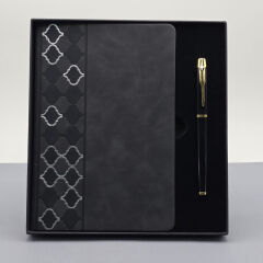 Desenli Siyah Deri Defter Kalem Set