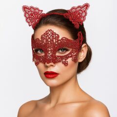 Romantik Kırmızı Dantel Maske Seti – Kedi Kulaklı Taç ve Maske No 3