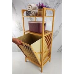 2 Organizer Raflı Ahşap Bambu Çek-Aç Kirli Sepeti