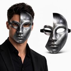 Antik Efektli Gümüş Yarım Yüz Plastik Parti Maskesi
