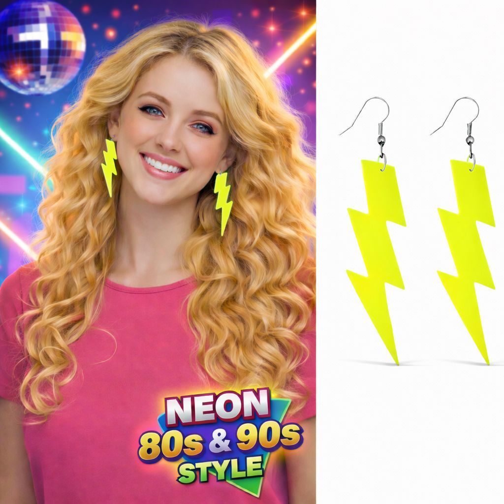 80’ler 90'lar Retro Neon Sarı Şimşek Küpe 10 cm
