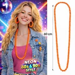 Neon Turuncu Boncuk Kolye 80 cm – Retro 80’ler 90’lar Parti Aksesuarı