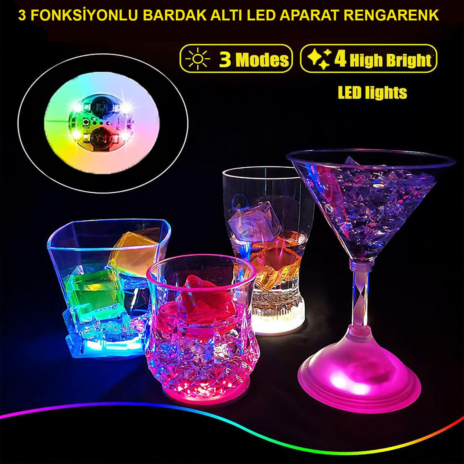 Işıklı Yapışkanlı Bardak Altı Aparatı Ledli 3 Modlu 6 cm Çap 1 Adet