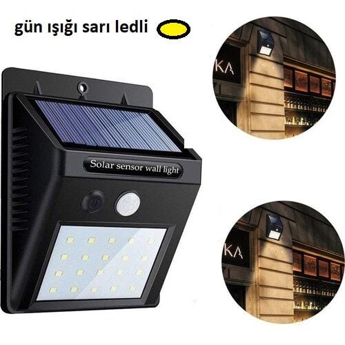 Sarı Gün Işıklı Solar Lamba - 20 LED - Dış Mekan Duvar Tipi