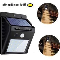 Sarı Gün Işıklı Solar Lamba - 20 LED - Dış Mekan Duvar Tipi
