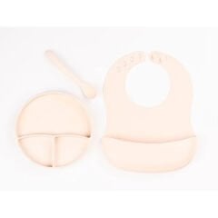 Krem Rengi 3’lü Silikon Yemek Seti – Önlük + Diş Kaşıyıcılı Kaşık + Vakumlu Tabak