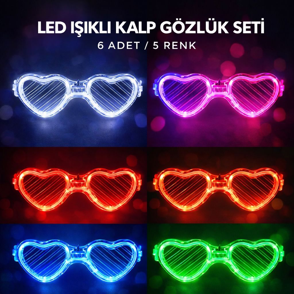 LED Işıklı Kalp Glow Pilli Parti Gözlüğü – 6 Adet / 5 Renk Set