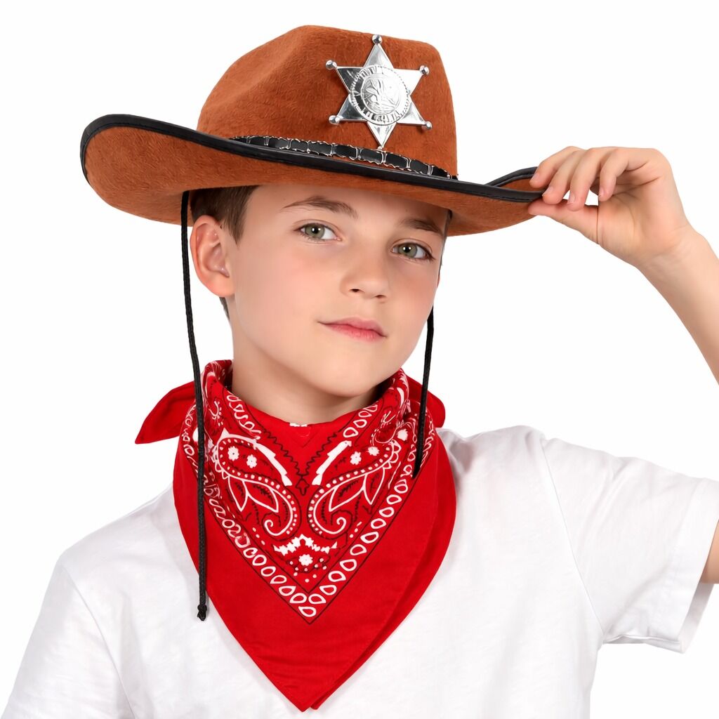 Çocuk Kovboy Şapka Rozetli Kahverengi ve Kırmızı Bandana Seti