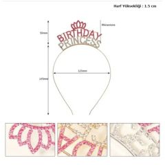 Kristal Taşlı Birthday Princess Yazılı Parti Tacı Pembe Renk