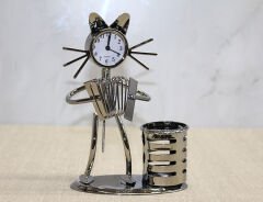 Metal Akordiyon Çalan Müzisyen Kedi Saat Ve Kalemlik