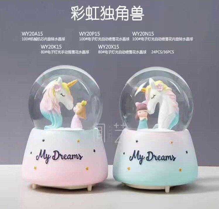 Unicorn Ve Sevimli Kız Temalı Işıklı Müzikli Orta Boy Kar Küresi