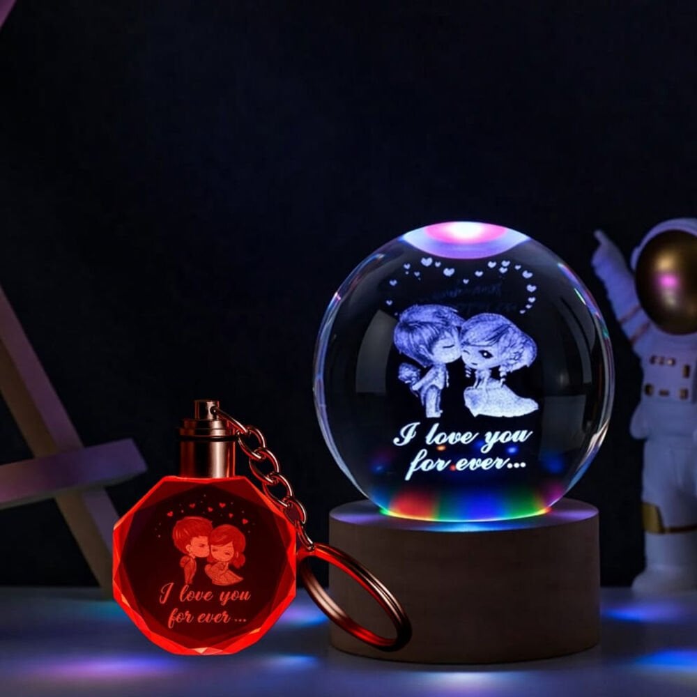 Renk Değiştiren Sevgililer Temalı Cam Küre Ve Işıklı Kristal Anahtarlık
