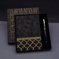 Toptan Gold Desen Siyah Deri Defter Kalem Set