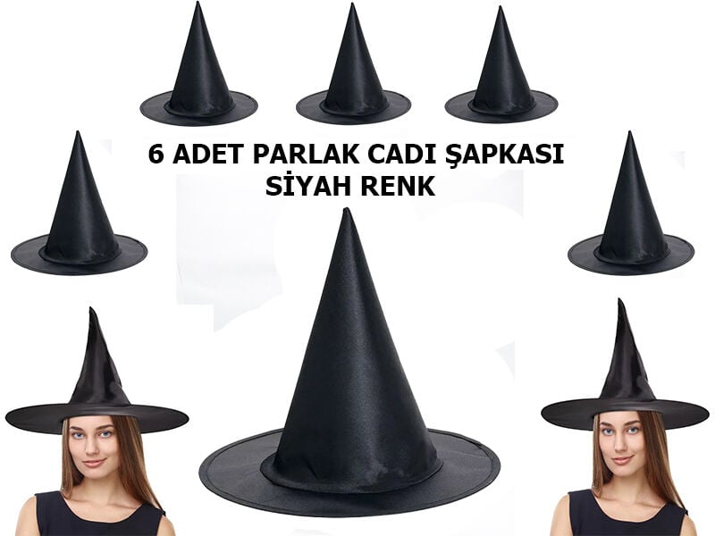 Siyah Renk Parlak Dralon Cadı Şapkası Yetişkin ve Çocuk Uyumlu 6 Adet