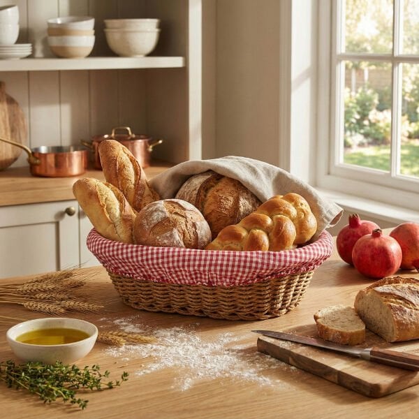 Oval Renkli Bezli İp Hasır Ekmek Sepeti