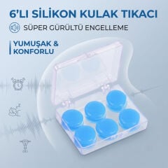 Silikon Kulak Tıkacı - 6'lı Özel Kutulu - Su Geçirmez ve Gürültü Önleyici
