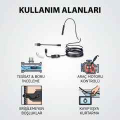5 Metre Yılan Kamera - LED Işıklı - IP67 Su Geçirmez - 3 Farklı Başlıklı