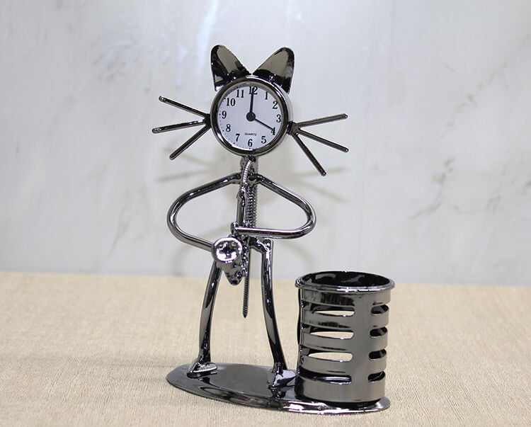 Metal Saksafon Çalan Kedi Müzisyen Saat Ve Kalemlik Alk4343