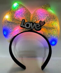 Led Işıklı 3 Farklı Fonksiyonda Yanan Gümüş Love Yazılı Sarı Fiyonk Taç 20X17 cm