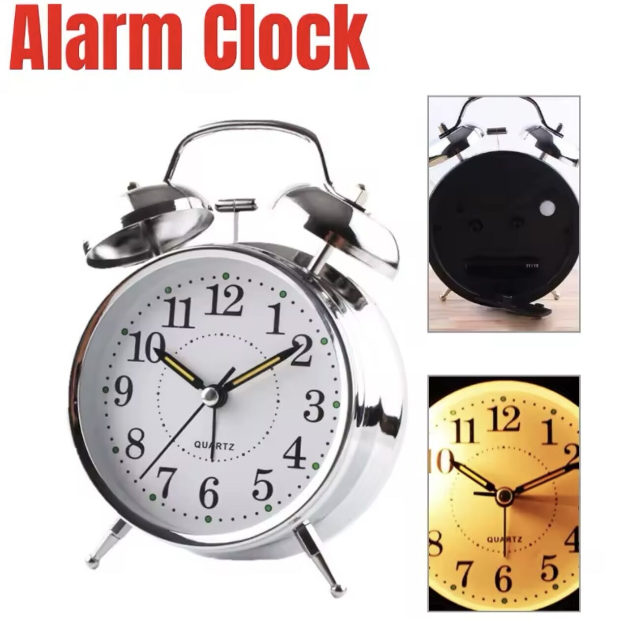 Metal Alarımlı ışıklı sesiz çalışan çalar saat