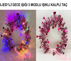 Kalp Püsküllü Gece Parıltısı 3 Modlu LED'li Işıklı Taç Fuşya Renk