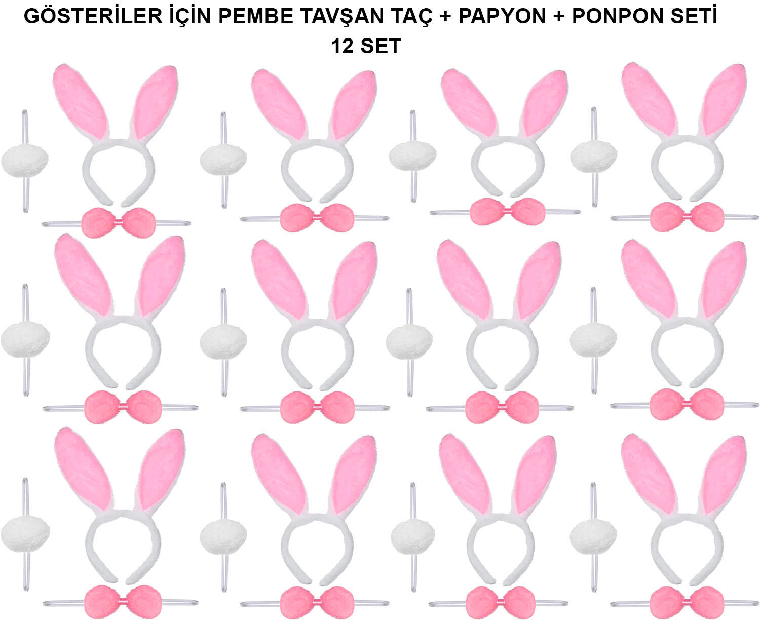 Pembe Tavşan Kostüm Seti – Taç, Papyon, Ponpon (12’li Paket)