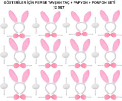 Pembe Tavşan Kostüm Seti – Taç, Papyon, Ponpon (12’li Paket)