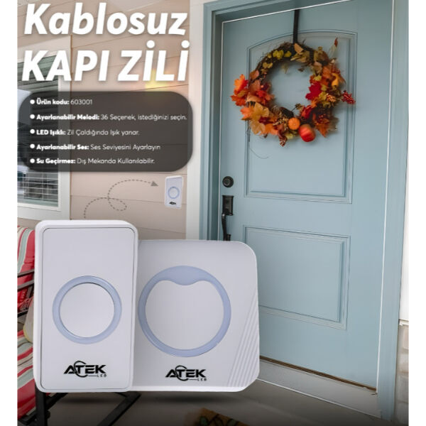 Beyaz Kablosuz Su Geçirmez Kapı Zili